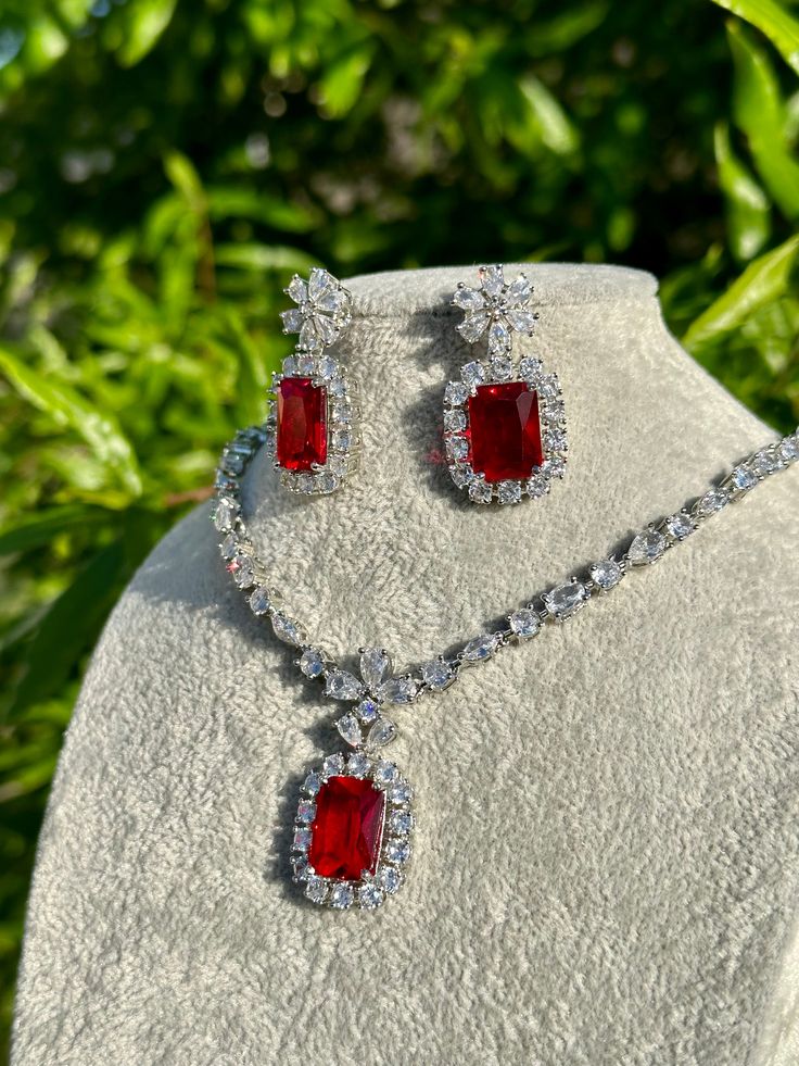 Petite Ruby Princess Pendant Necklace & Earrings Set
